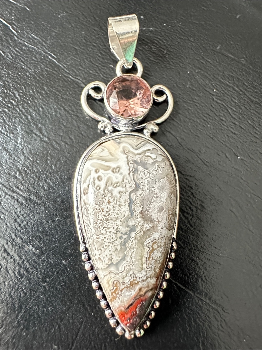 Artisan Silver Teardrop Crazy Lace Agate Pendant with Pink Crystal accent